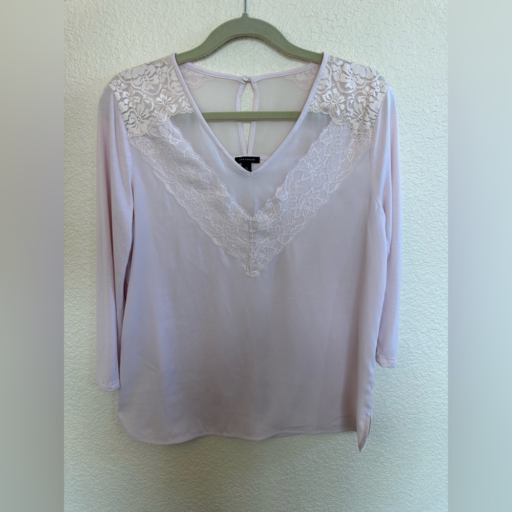 Ann Taylor Light Pink Lace Accent Blouse medium size